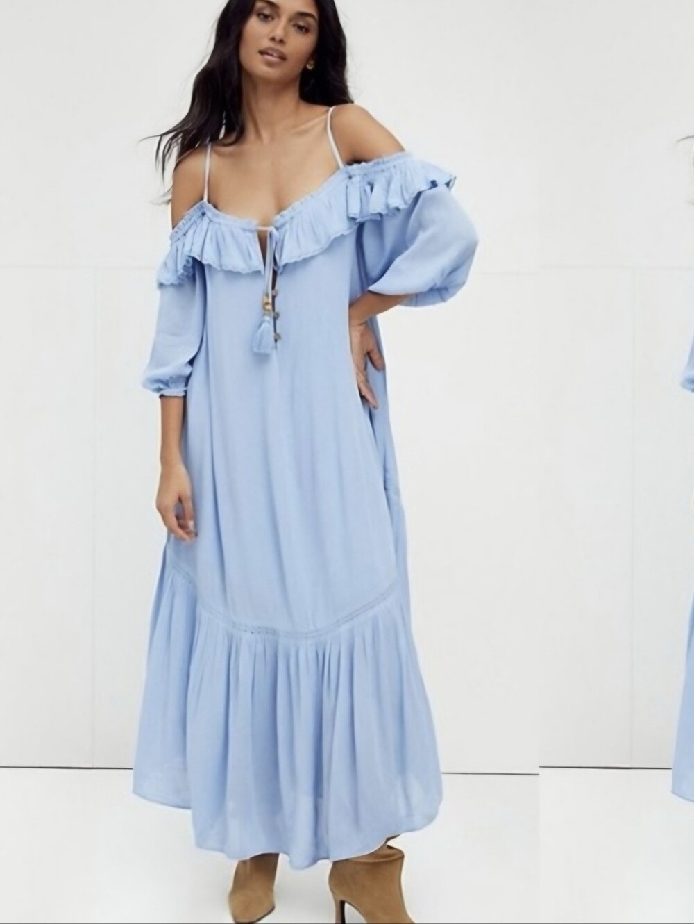 Free People Sarita Midi Maxi Dress Blue Large Off The Shoulder Boho L